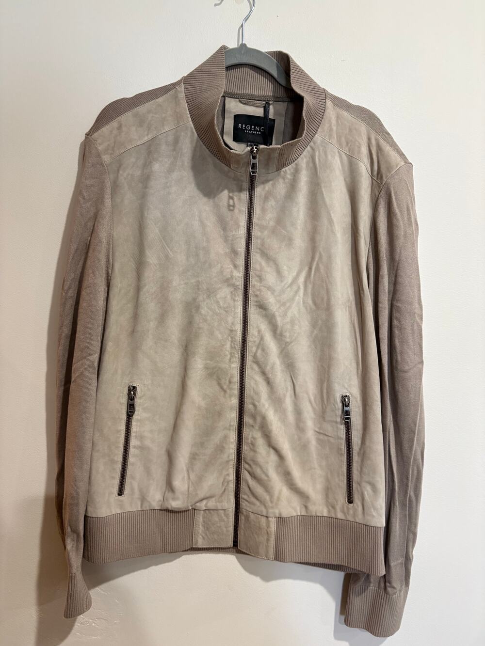 NWT Regency Leather Tristan Lamb Suede & Knit Full Zip Bomber Jacket Taupe Men L